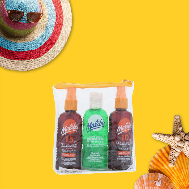 Malibu Hydrating Water Resistant Travel-Sized Sun Spray Oil Pack with Bag, SPF 10 and SPF 15 Dry Oil Spray 100ml and Aloe Vera After-Sun 100ml (3 Pack) - NewNest Australia