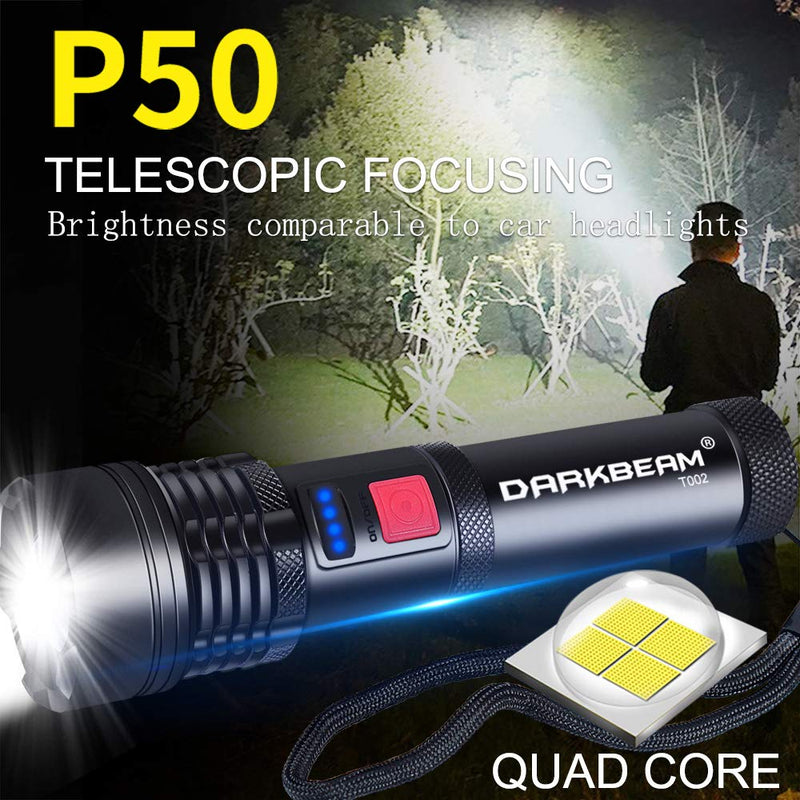 USB Rechargeable LED Flashlight DARKBEAM T002 Super bright XHP50 3000 Lumen Flash Light Lights Tactical Handheld Zoomable for Hiking, Biking, Outdoor Activity Patrol, Home, Emergency - NewNest Australia