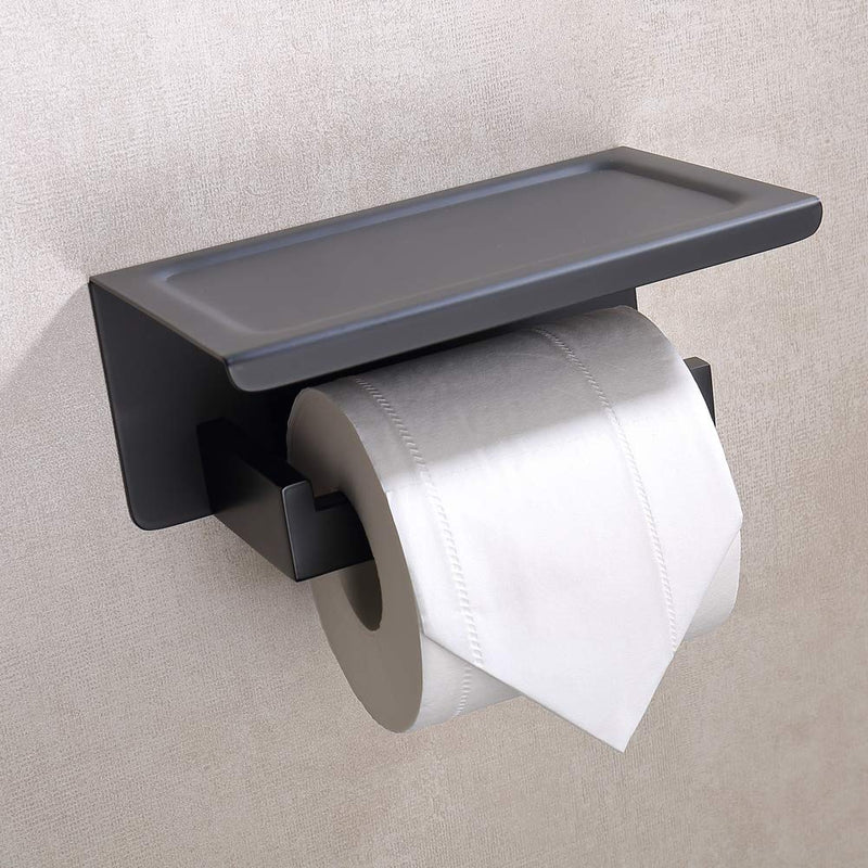 TASTOS Toilet Paper Holder with Shelf Matte Black, Toilet Tissue Holders with Phone Shelf Wall Mounted, Toilet Roll Holder with Cover for Bathroom & Kitchen, Stainless Steel Modern Square Style - NewNest Australia