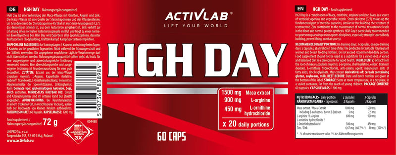 Activlab Hgh Day 60 Capsules | Maca Extract With Ornithine And Arginine | Zinc | Increase Libido, Testosterone, Muscle Mass | Regeneration | Strength Training, Martial Arts (Mma, Muay Thai, K1) - NewNest Australia