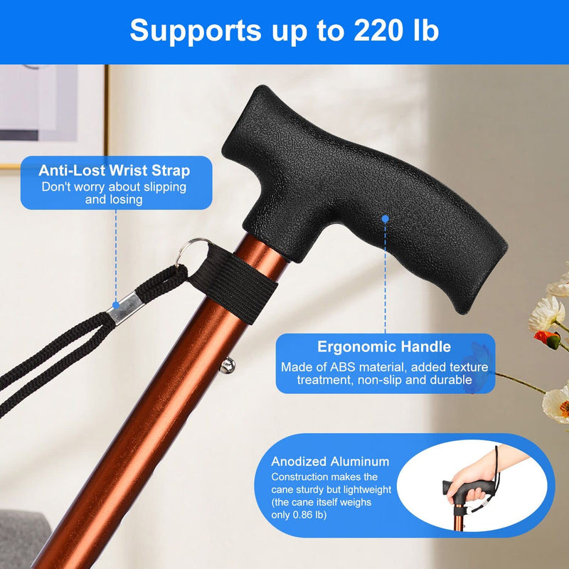 supregear Folding Cane, 5-Level Adjustable Folding Cane with T-Handle and Anti-lost Wrist Strap Non-Slip Self-Standing 4-Legged Rubber Support Collapsible Cane for Elderly Disabled Men Women Brown - NewNest Australia