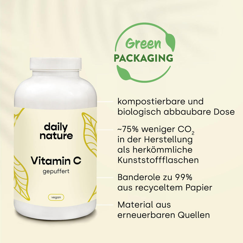 dailynature Vitamin C high dose - buffered | 365 capsules | herbal dietary supplement with 1000 mg vitamin C per daily dose | stomach-friendly | vegan & without additives | compostable can - NewNest Australia