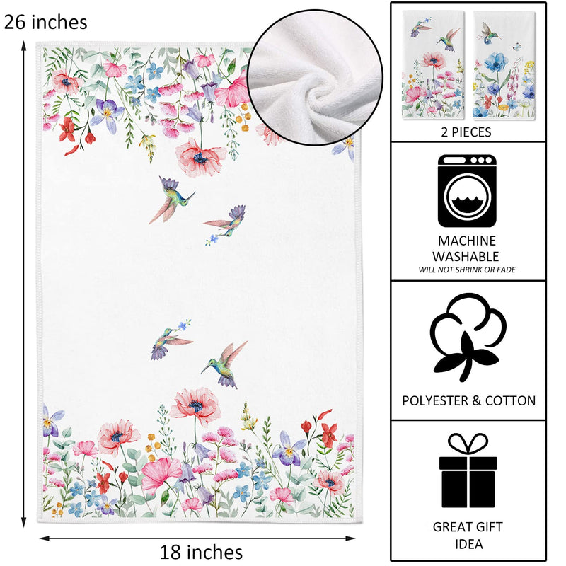 Seliem Spring Summer Anemone Flower Hummingbird Kitchen Dish Towel Set of 2, Wild Floral Ultra Absorbent Hand Drying Baking Cooking Cloth, Seasonal Decor Home Decorations 18 x 26 Inch - NewNest Australia