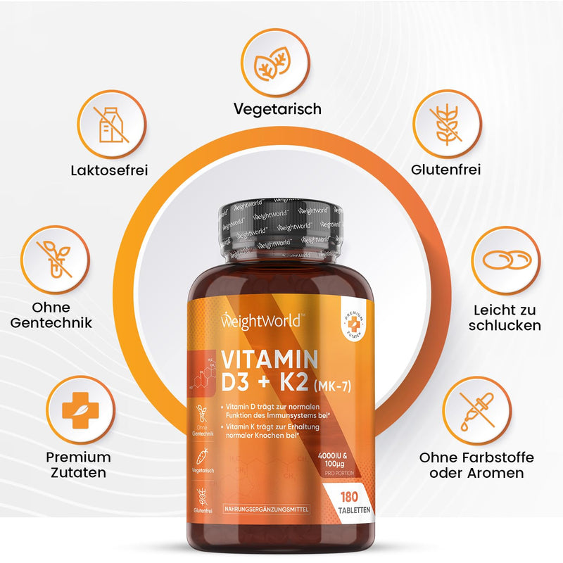 Premium Vitamin D3 + K2 Tablets ‚ 180 Pieces High Dose With 99.7+% All-Trans Mk-7 ‚ One Tablet Every 4 Days ‚ Laboratory Tested & Natural ‚ Vegetarian ‚ No Additives - NewNest Australia