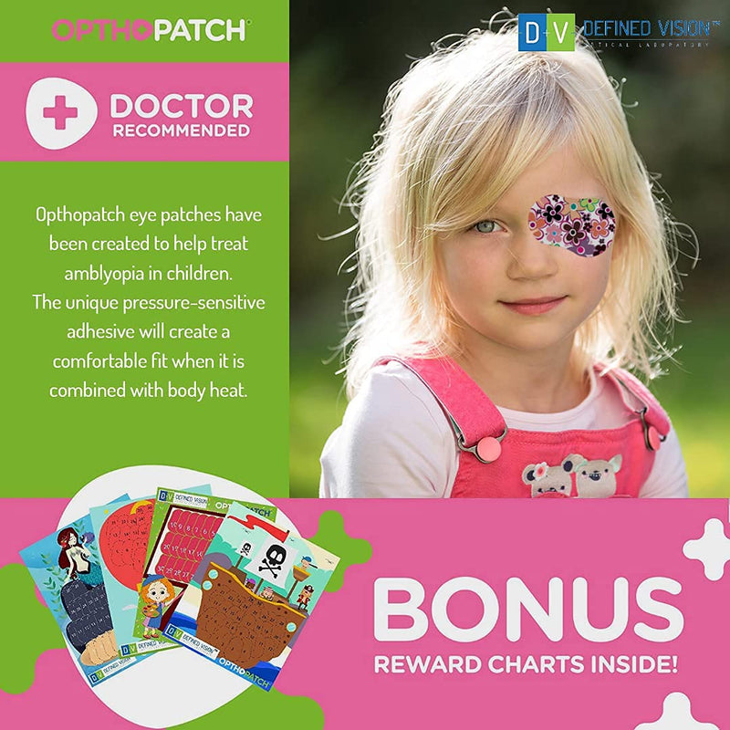 Opthopatch Kids Eye Patches - Fun Girls Design [Series II] - 60 + 10 Bonus Latex Free Hypoallergenic Cotton Adhesive Bandages for Amblyopia and Cross Eye - 3 Reward Chart Posters by Defined Vision - NewNest Australia