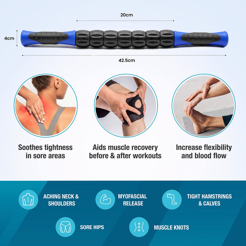 Beenax Muscle Therapy Massage Stick, 360° Tension Reduction - Ridged Gears for Trigger Points, Deep Tissue, Myofascial Release, Leg, Quads & Calf Tightness - Relieve Soreness, Cramps and Pain Blue - NewNest Australia