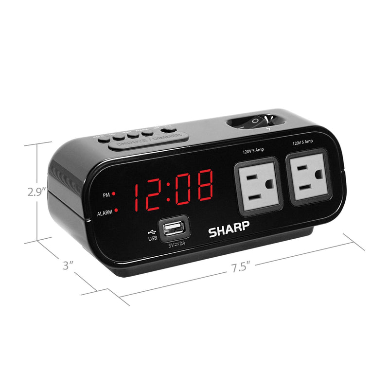 NewNest Australia - Sharp Digital Alarm Clock with 2X Power Outlets with Surge Protect and Rapid Charge USB Port - Grey Outlets Black 