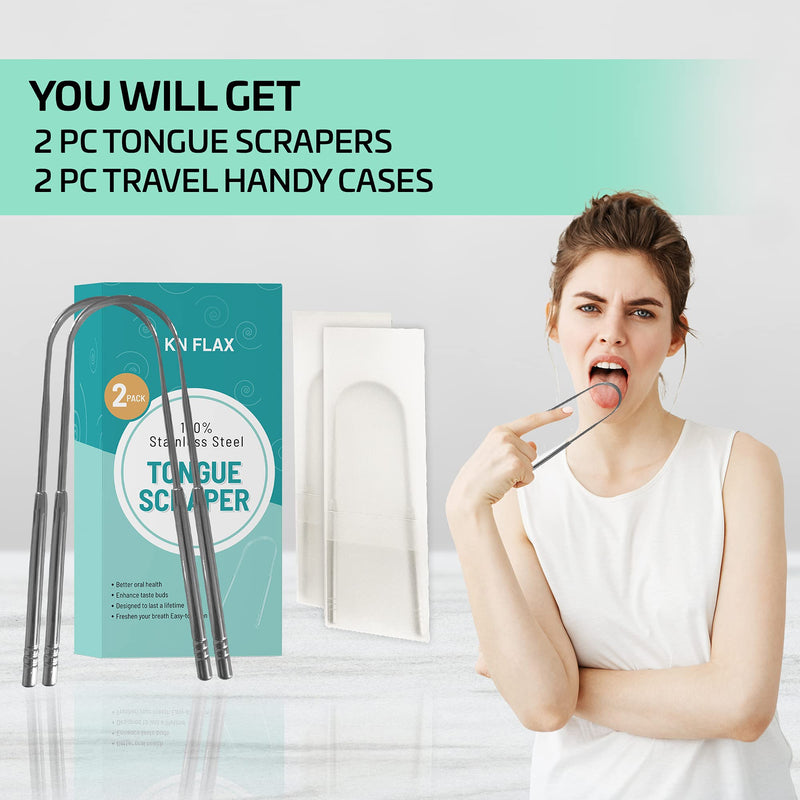 [2 pack] KN FLAX Tongue Scraper [Medical Grade] Reduce Bad Breath Maintains Oral Care 100% BPA Free Metal Tongue Scraper, Tongue Cleaner for Adults and Kids, Easy to Use with Non-Synthetic Handle 2 Count (Pack of 1) - NewNest Australia