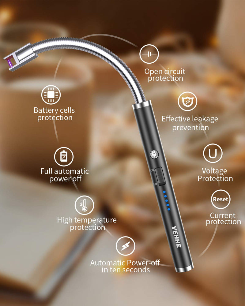 VEHHE Candle Lighter, Electric Rechargeable Arc Lighter with LED Battery Display Long Flexible Neck USB Lighter for Light Candles Gas Stoves Camping Barbecue Black - NewNest Australia