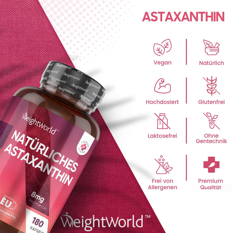 Natural & Pure Astaxanthin 8Mg - 160Mg Haematococcus Pluvialis Algae (Sea Algae) - 180 Vegan Capsules For 3 Months - With High Bioavailability Astaxanthin - For Women & Men - Weightworld - NewNest Australia