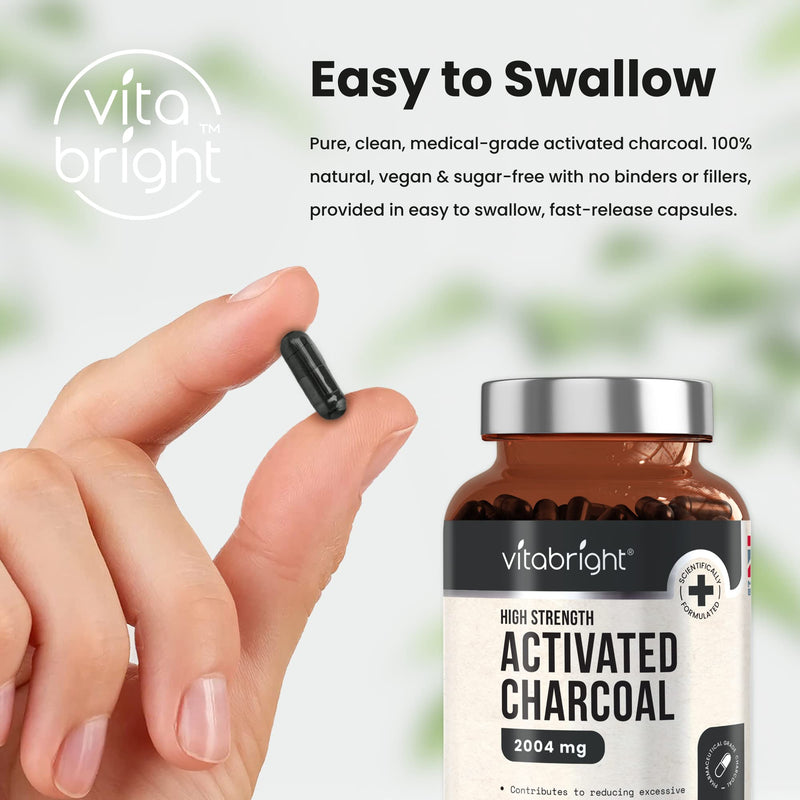 Activated Charcoal Capsules - 250 Capsules - 2004mg per Serving of 6 Capsules - from Natural Coconut Shell - for Indigestion, Bloating, Excessive Flatulence, Gas - Vegan - Made in UK by VitaBright - NewNest Australia
