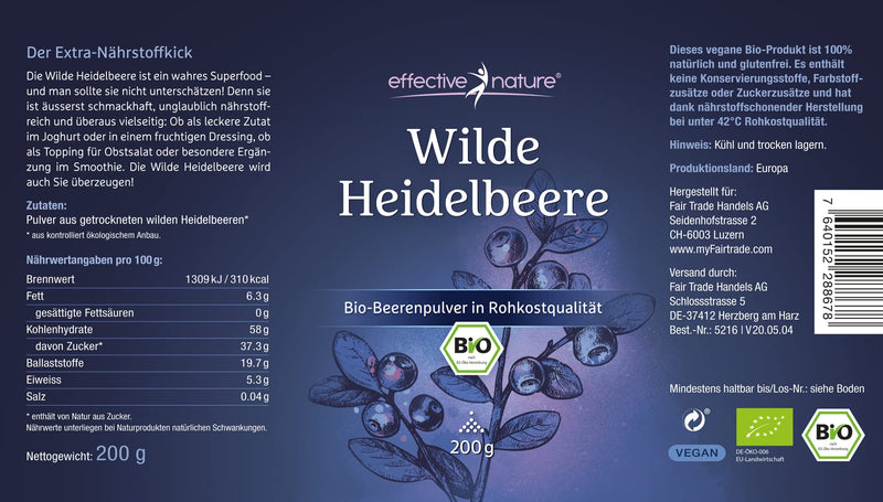 Wild blueberries organic powder - 200 g - fruit powder in raw food quality - rich in antioxidants - blueberries powder (Vaccinium myrtillus) - NewNest Australia