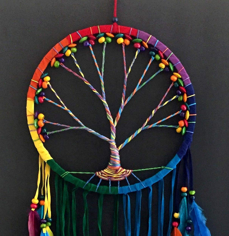 NewNest Australia - OMA Dream Catcher - Tree of Life Rainbow Chakra Suede Dreamcatcher with Feathers & Wood Beads Tie Dye - Large Size - 36" Long x 11" Diameter Brand (Rainbow) Rainbow/ Chakra 