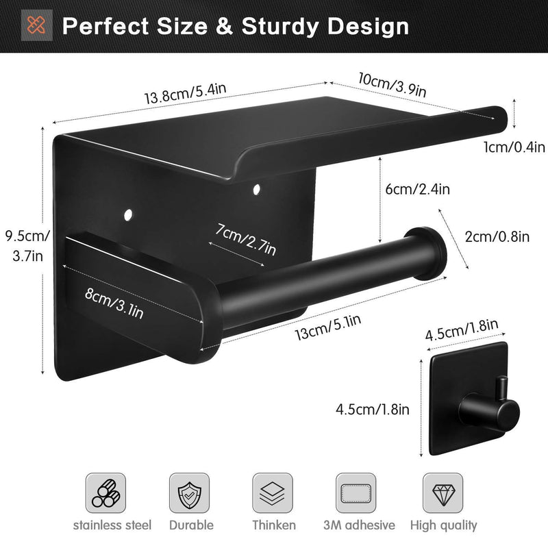 Tindbea Toilet Paper Holder with Shelf + Towel Robe Hooks, Adhesive or Screw Wall Mounted Toilet Paper Roll Holder, Stainless Steel Bathroom Hardware Set (Matte Black) Regular Matte Black - NewNest Australia