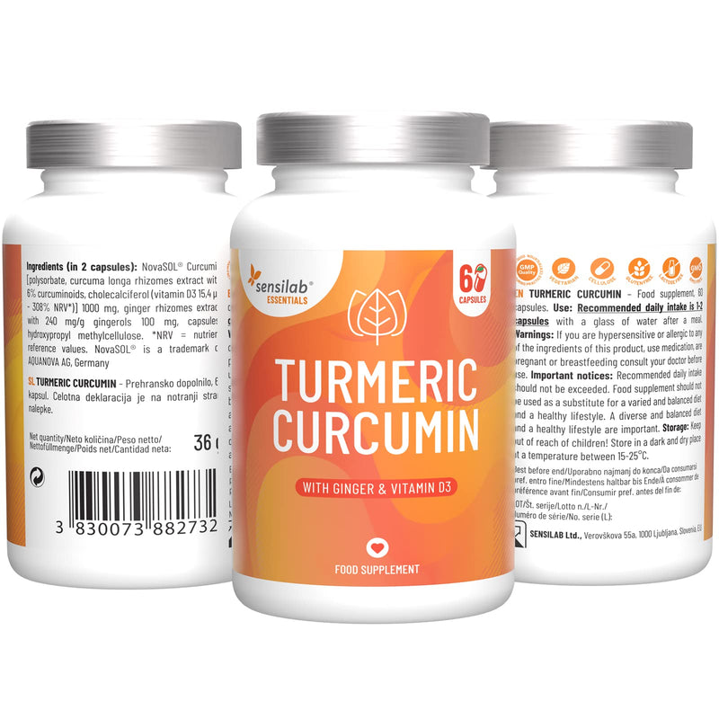 Turmeric Capsules With Vitamin D3-60 Capsule - Curcumin Capsules High Dose 1000 Mg - Ginger - Curcuma Extract - 185X Higher Bioavailability Curcuma Extract Capsules - Sensilab - NewNest Australia