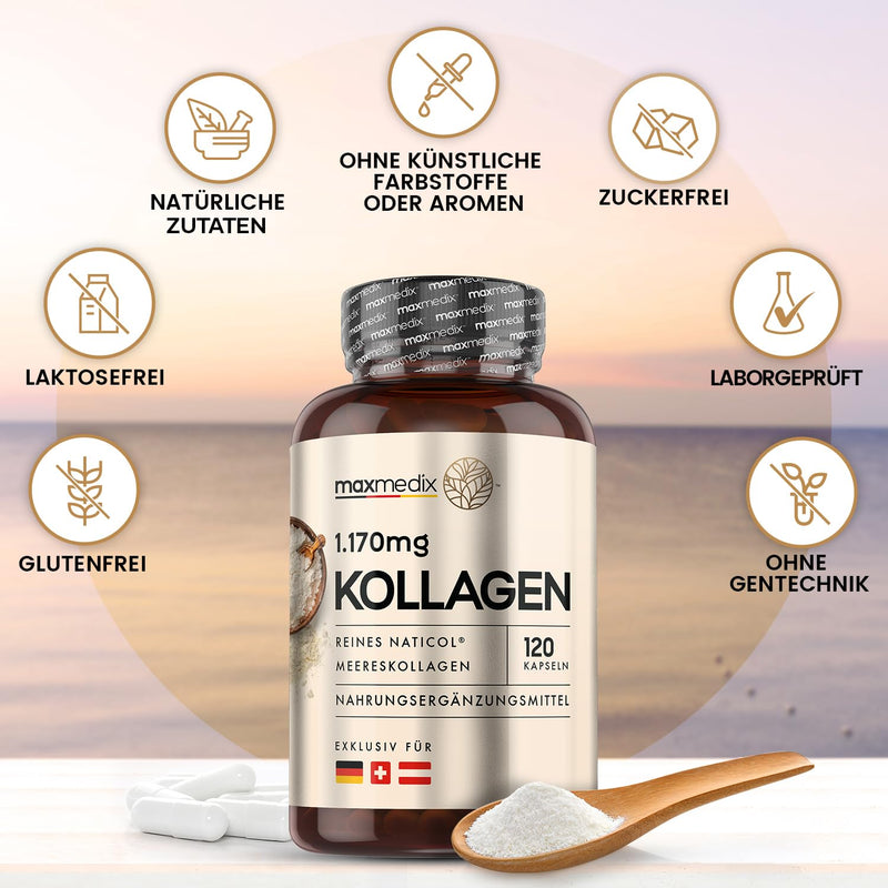 Collagen Capsules - 120 Pure Marine Collagen Capsules - 1,170 Mg Naticol Collagen Hydrolysate Type1 - Laboratory Tested In Germany By Agrolab - Fish Collagen - Collagen Protein Powder By Maxmedix - NewNest Australia