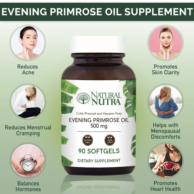 Natural Nutra Evening Primrose Oil Supplement from Fatty Acid, Reduce Acne, Nerve Health, Promote Hearth Health, Skin Clarity, Menopausal Discomfort, 500 mg, 90 Softgel 90 Count (Pack of 1) - NewNest Australia