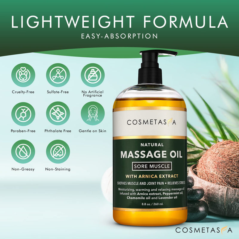Cosmetasa Sore Muscle Massage Oil - 8.8 oz Soothes Muscle and Joint Pain with Arnica Extract, Peppermint, Chamomile, and Lavender Oil 8.8 Ounce (Pack of 1) - NewNest Australia