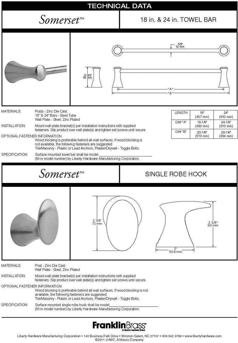 Franklin Brass Bath Accessories 139569 Somerset Bathroom Sets, 18" Towel Rack Bar, Satin Nickel 18 inch Towel Bar - NewNest Australia