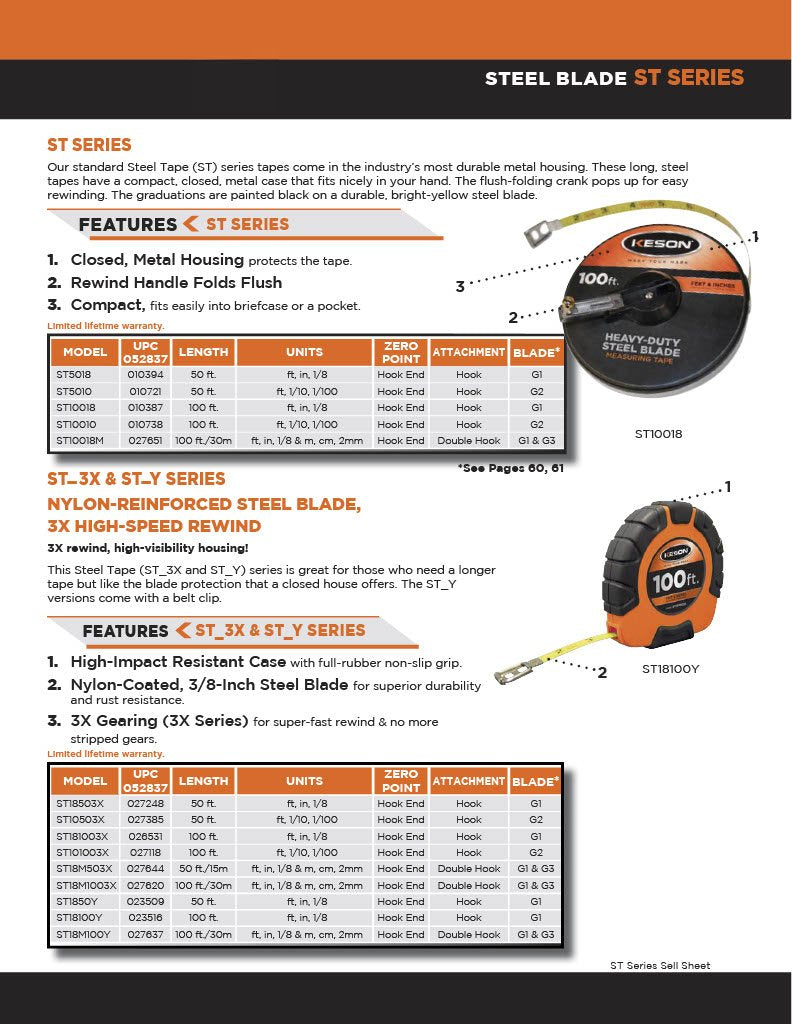 Keson ST181003X Closed-ABS Housing Steel Tape Measures with Speed Rewind (Graduations: ft., in. 1/8), 100-Foot 100-Feet ft, in, 1/8 - NewNest Australia