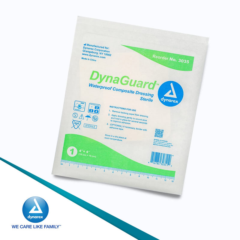 Dynarex DynaGuard Waterproof Dressings, Sterile, Four-Layer Composite Dressing, Protects and Offers Optimal Moist-Environment, Bordered - 4" x 4", 1 Box of 10 Waterproof Dressings - NewNest Australia
