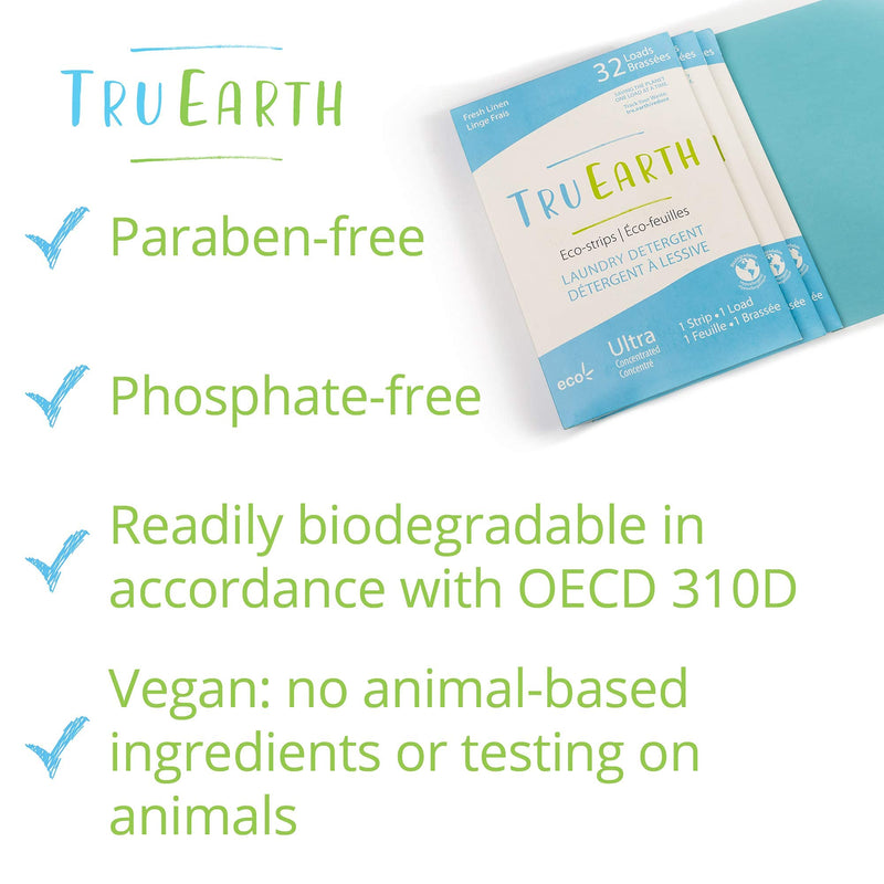 Tru Earth Eco-friendly, Biodegradable, Zero Waste, Cruelty-Free Laundry Detergent Sheets/Eco-Strips for Sensitive Skin, 32 Count (Up to 64 Loads), Fresh Linen Scent 32 Count (Pack of 1) - NewNest Australia