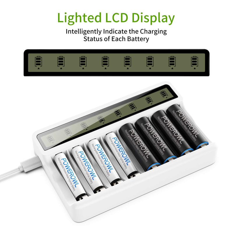 POWEROWL 8 Bay AA AAA Battery Charger with LCD Display (USB Quick Charging, Independent Slot) for Ni-MH Ni-CD Rechargeable Batteries - NewNest Australia