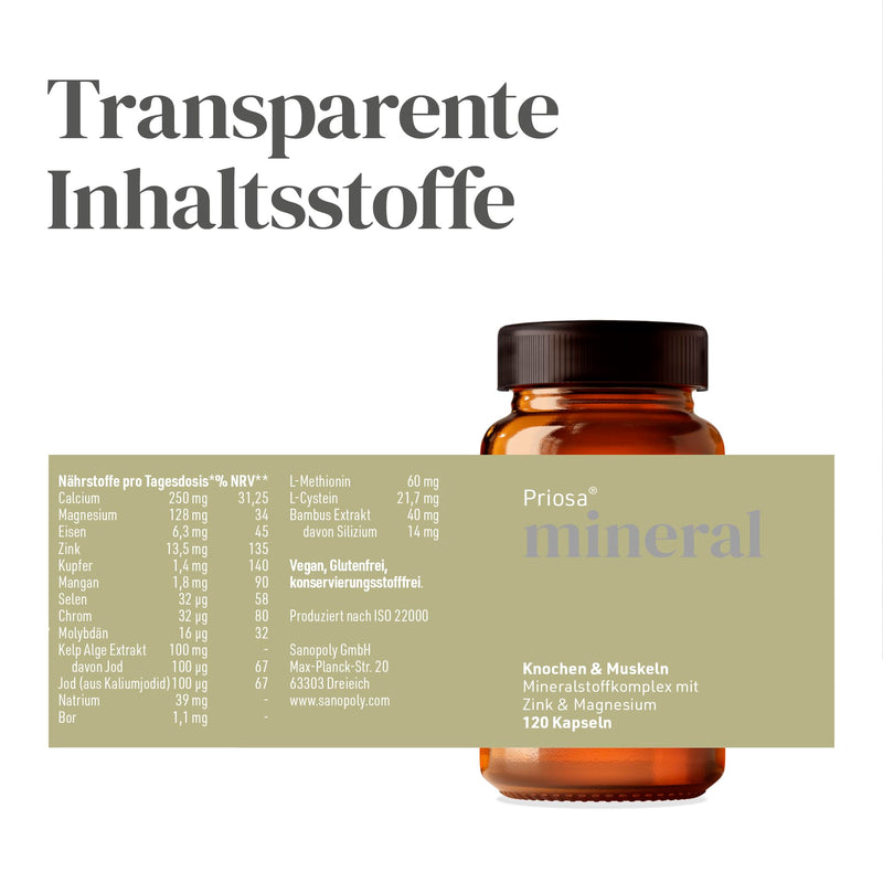 Sanopoly Priosa Mineral 120 Capsules I For Strong Bones, Targeted Muscle Building & Strengthening The Immune System I All Minerals + Trace Elements + Micronutrients I Mineral Mix I Vegan - NewNest Australia