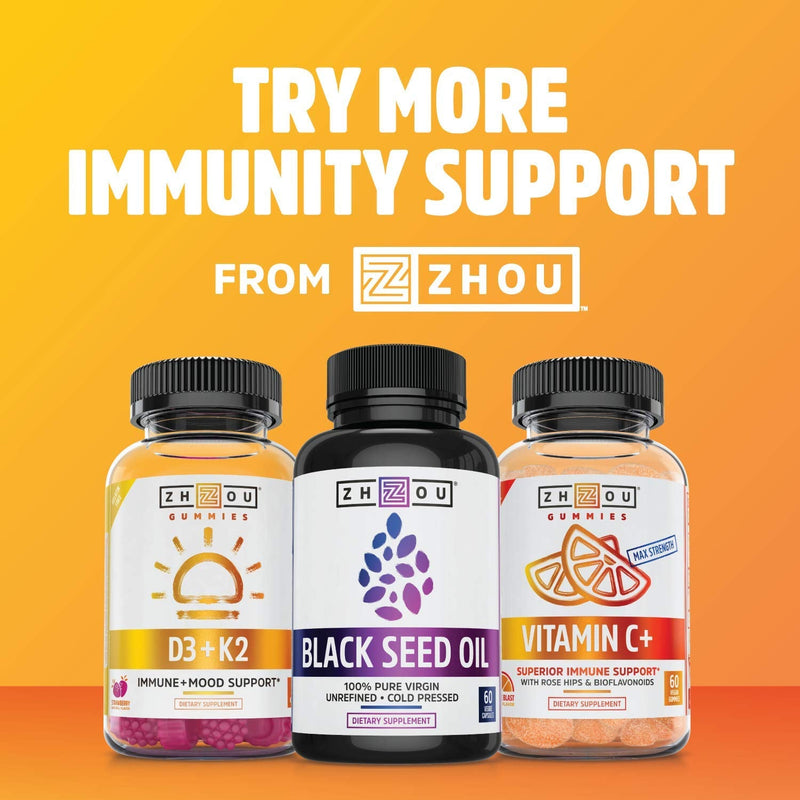 Zhou Nutrition Vitamin D3 K2, Bone and Heart Health Formula 5000 IU Vitamin D3 & 100 mcg Vitamin K2, Max Strength 2 in 1 Immune Support and Calcium Absorption, Gluten Free, 60 Count - NewNest Australia