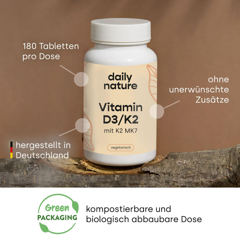dailynature Vitamin D3 + K2 | 180 tablets each with 5,000 IU D3 in high doses + 100 µg K2 | Dietary supplement - vegetarian, without unwanted additives, gluten-free & lactose-free | laboratory tested - NewNest Australia