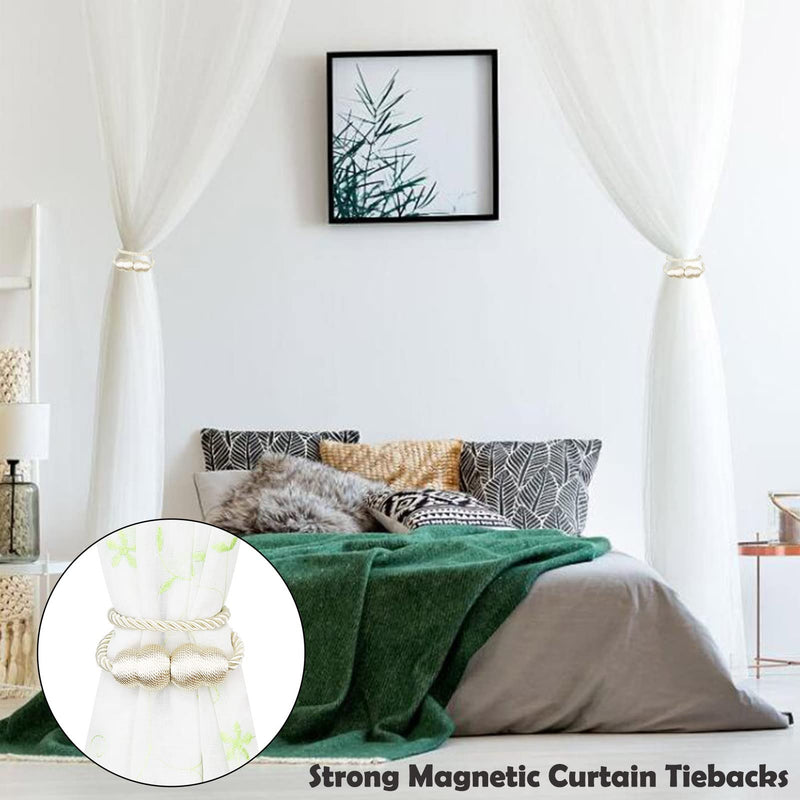 Hangtty Magnetic Curtain Tiebacks 2 Pack Rope Decorative Curtain Tie Backs Elegant Curtain Holders for Drapes Outdoor Window Treatment Holdbacks, Beige - NewNest Australia