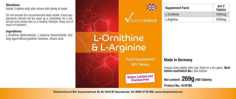 L-Ornithine & L-Arginine - 180 tablets - 2100 mg amino acids per daily dose - vegan - high dosage | Vitamintrend® - NewNest Australia