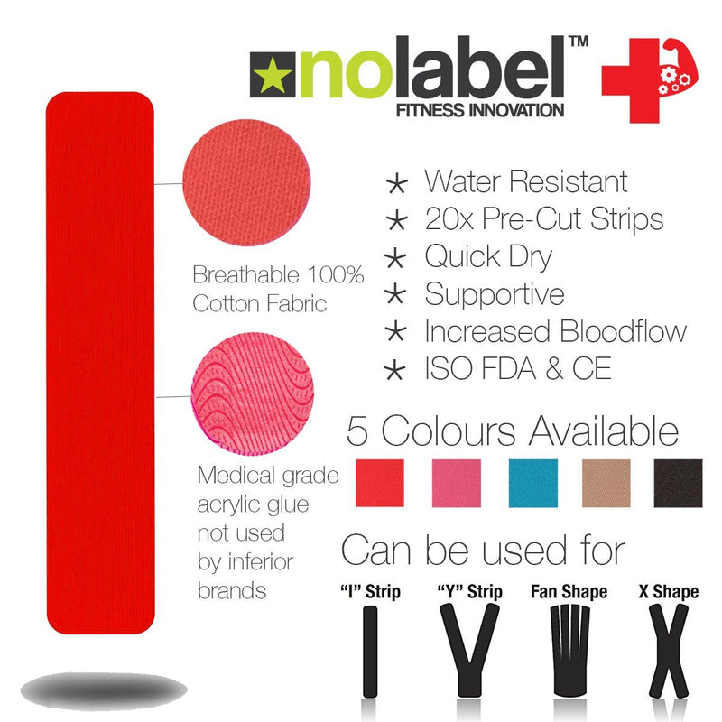 NO LABEL Red Pre Cut Kinesiology Tape - 5m Roll Pre-Cut Red Body Tape - Red Sports Tape - Red Medical Tape - Red Physio Tape - Red Muscle Tape For Muscle Recovery - Free PDF Ebook Taping Guide 1 x Roll - NewNest Australia