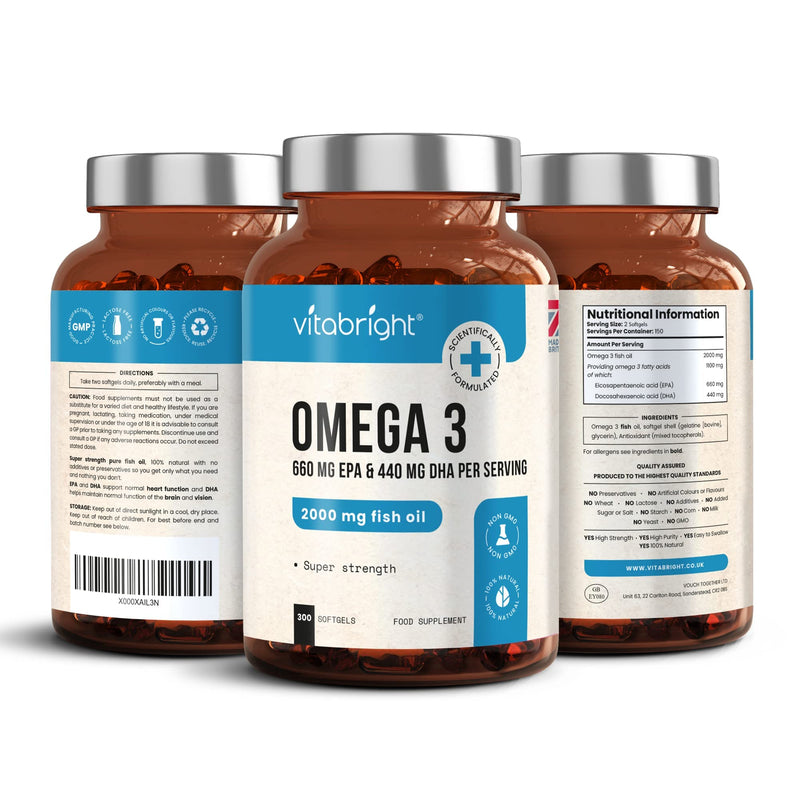 Omega 3 Pure Fish Oil 2000mg - 300 Softgel Capsules (5 Months Supply) - 660mg EPA & 440mg DHA per Serving - Supports Brain, Heart Function and Eye Health - Made in The UK by VitaBright - NewNest Australia
