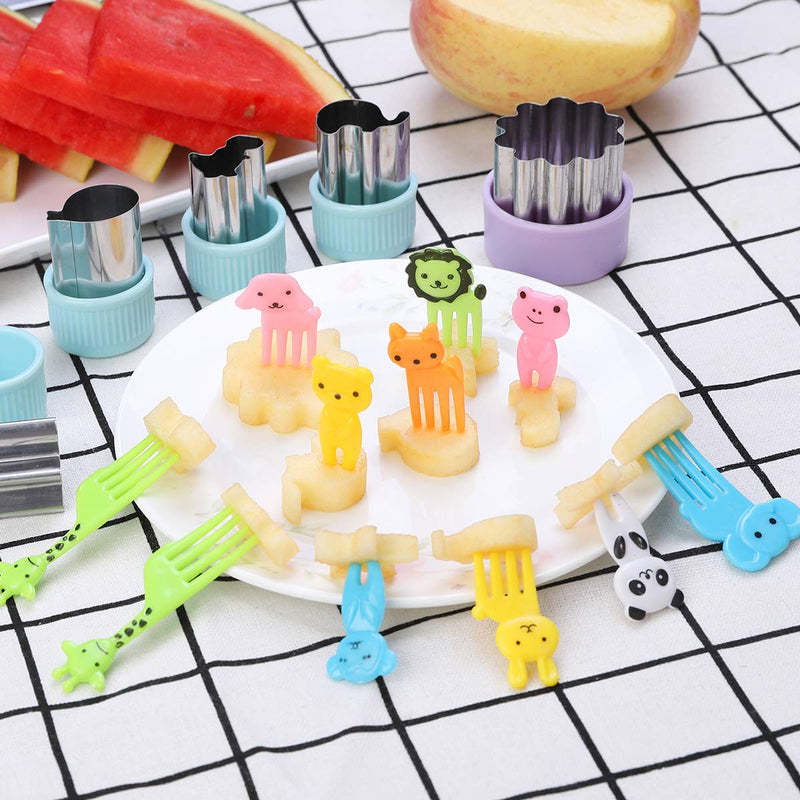 NewNest Australia - Vegetable Cutters Shapes Set, 20pcs Stainless Steel Mini Cookie Cutters, Vegetable Cutter and Fruit Stamps Mold + 20pcs Cute Cartoon Animals Food Picks and Forks -for Kids Baking and Food Supplement 