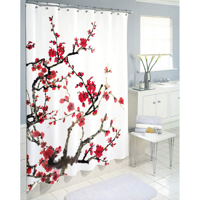 Homewelle Cherry Blossom Floral Shower Curtain Plum Red Flower Japanese Branch Waterproof 60Wx72L Inch Aesthetic Ink Scenery Asian 12 Pack Plastic Shower Hooks Polyester Fabric Bathroom Bathtub - NewNest Australia