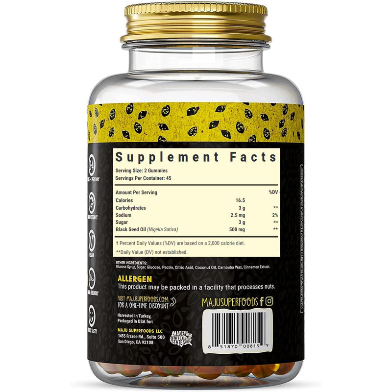MAJU's Black Seed Oil Gummies - World's First Gummy w/ 2%+ Thymoquinone, Black Cumin Seed Nigella Sativa Oil, Cold-Pressed, Potent Formula with Cinnamon Extract, No Aftertaste - 500mg (90ct) - NewNest Australia