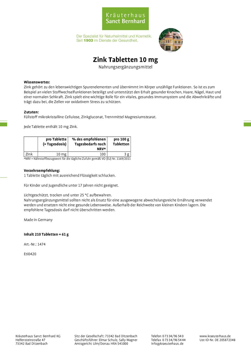 Sanct Bernhard zinc tablets with 10 mg zinc per tablet, contents 210 tablets - NewNest Australia