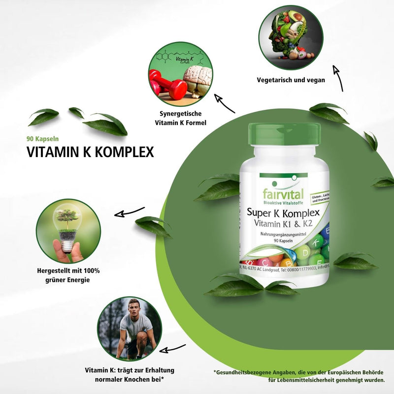 Fairvital | Vitamin K complex - Super K with vitamin K1 & K2 MK-7-2200µg vitamin K per capsule - HIGH DOSE - Phytomenadione + Menaquinone MK-7 - VEGAN - 90 capsules - NewNest Australia