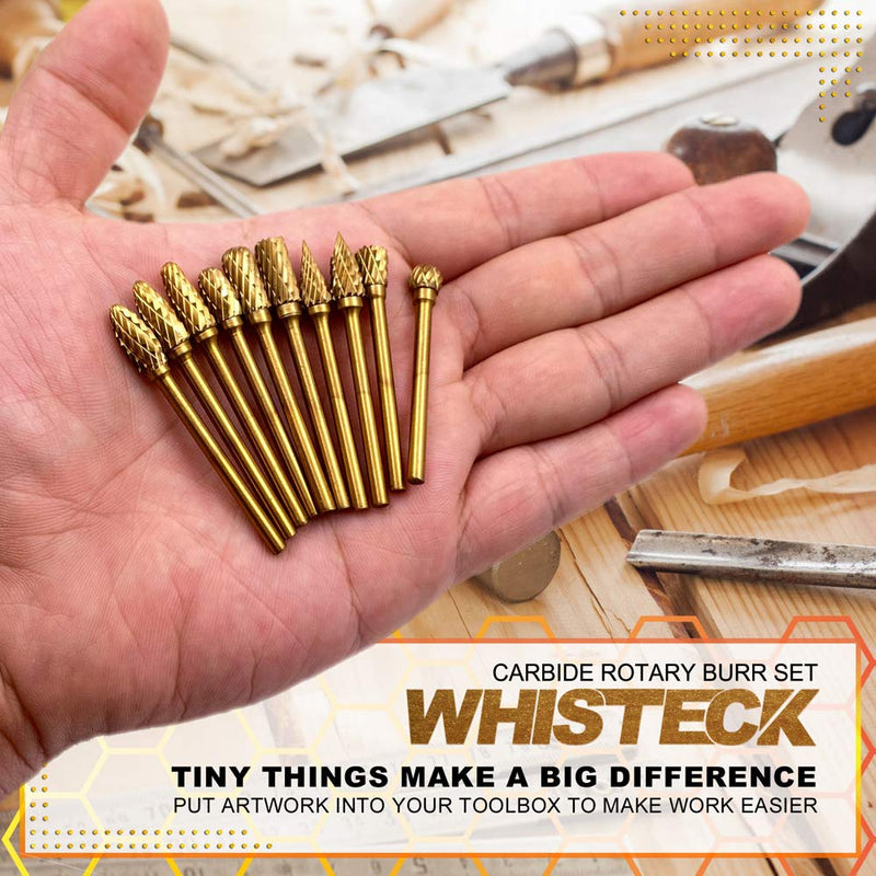 WHISTECK Titanium Carbide Rotary Burr Set - 10pcs Double Cut Tungsten Steel Die Grinder Bits, 3mm(1/8") shank and 6mm(1/4") Head Size for Woodworking, Drilling, Metal Craving, Engraving, Polishing - NewNest Australia