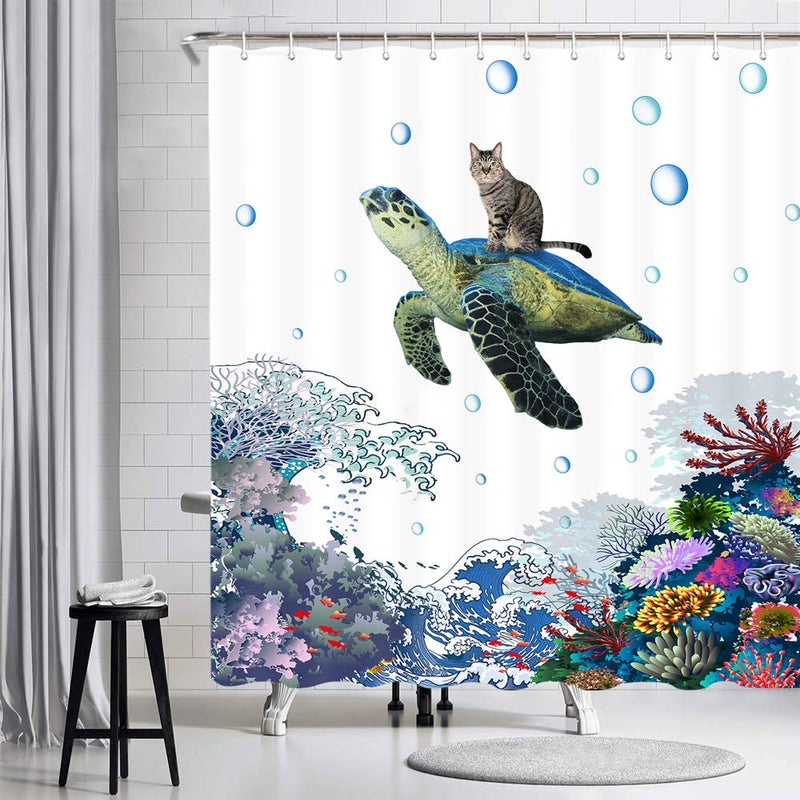 Funny Turtle Cat Shower Curtain , Hilarious Ocean Animal Shower Curtan Set, Cat Riding Turtle on Great Wave Coral Shower Curtain for Bathroom, Blue Fabric Bathroom Curtain with Hooks, 69x70inches 69"Wx70"L - NewNest Australia