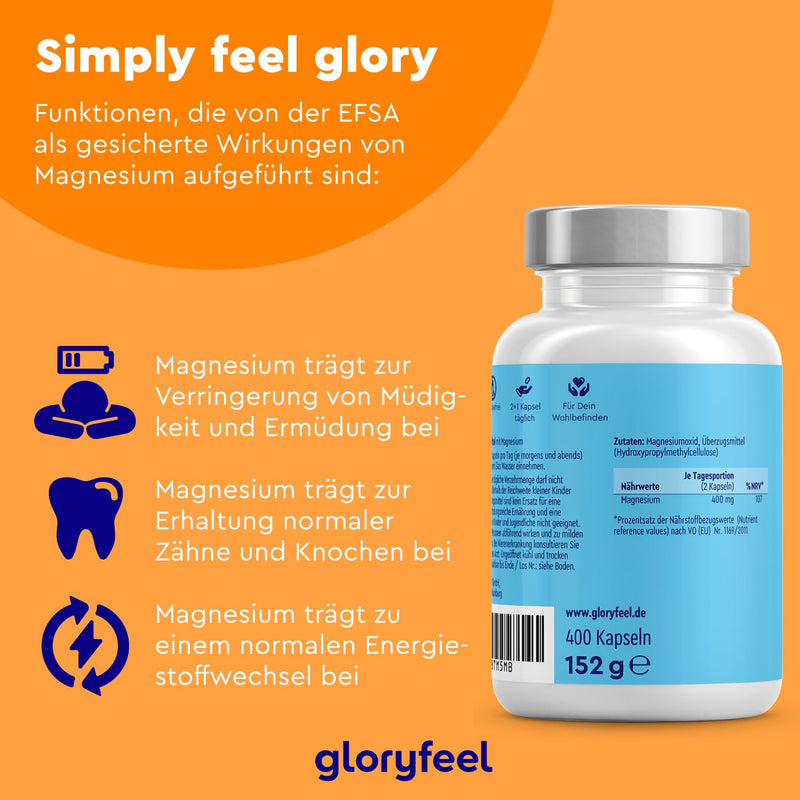 Magnesium 400 capsules - 760mg, of which 400mg is elemental magnesium per daily dose - Supports muscle function and energy metabolism* - Laboratory tested, vegan and made in Germany without additives - NewNest Australia