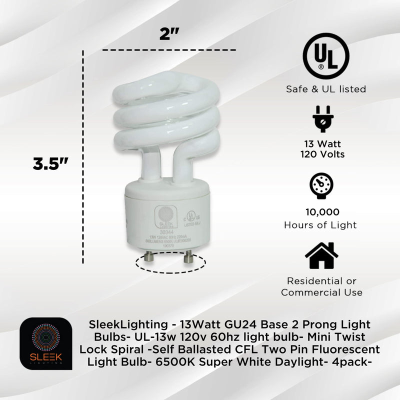 SleekLighting - 13Watt GU24 Base 2 Prong Light Bulbs- UL-13w 120v 60hz Light Bulb- Mini Twist Lock Spiral -Self Ballasted CFL Two Pin Fluorescent Light Bulb- 6500K Super White Daylight- 4pack- - NewNest Australia