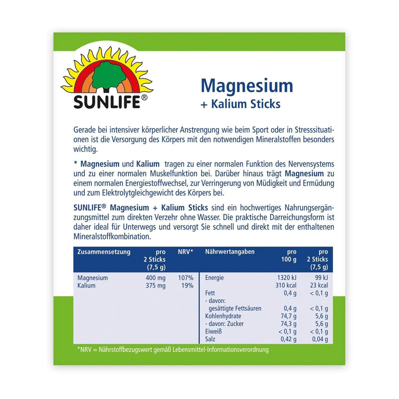 SUNLIFE Magnesium & Potassium Sticks 3 x 20 sticks - magnesium potassium with cherry flavor - sticks with 400mg magnesium & 375mg potassium - vegan & gluten-free - for quick direct consumption - NewNest Australia