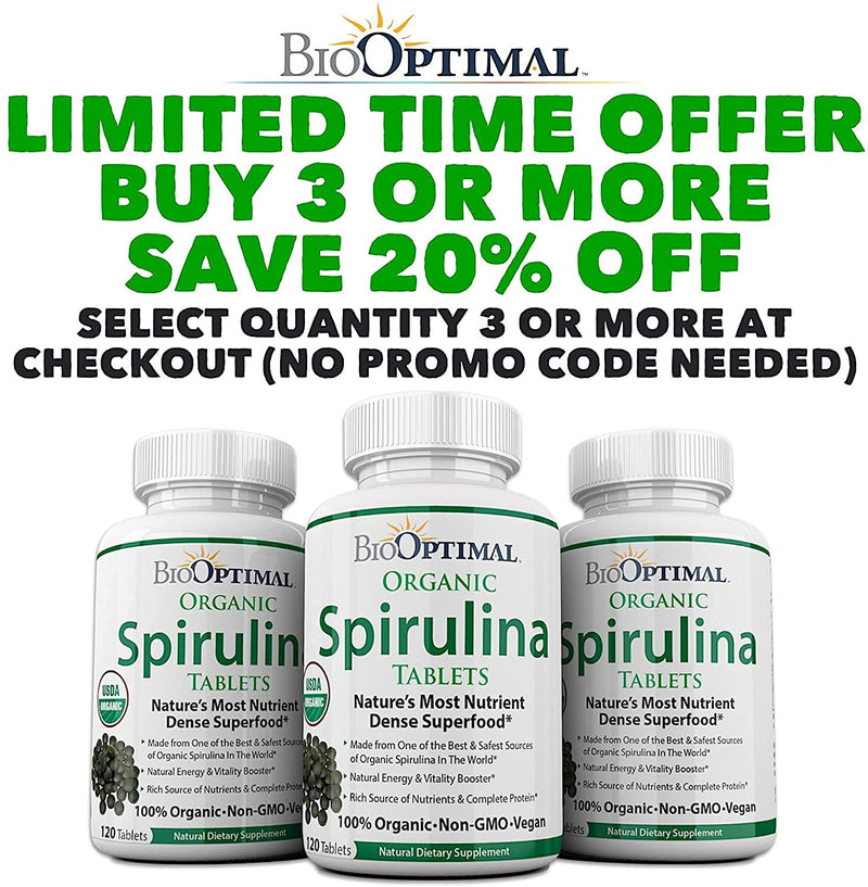 BioOptimal Organic Spirulina Tablets, 100% USDA Organic, Premium Quality 4 Organic Certifications, Non-GMO, No Additives Capsules or Fillers, 120 Count 1 Month Supply 120 Count (Pack of 1) - NewNest Australia