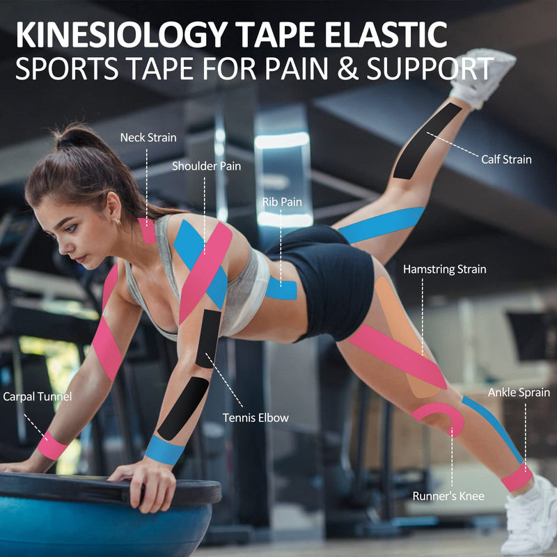 Gotaqery Kinesiology Tape (4 Rolls Pack), Waterproof Elastic Muscle Support Tape for Exercise, Sports & Injury Recovery, Breathable & Latex Free, 5cm x 5m Per Roll 4 Rolls：black+blue+pink+beige - NewNest Australia