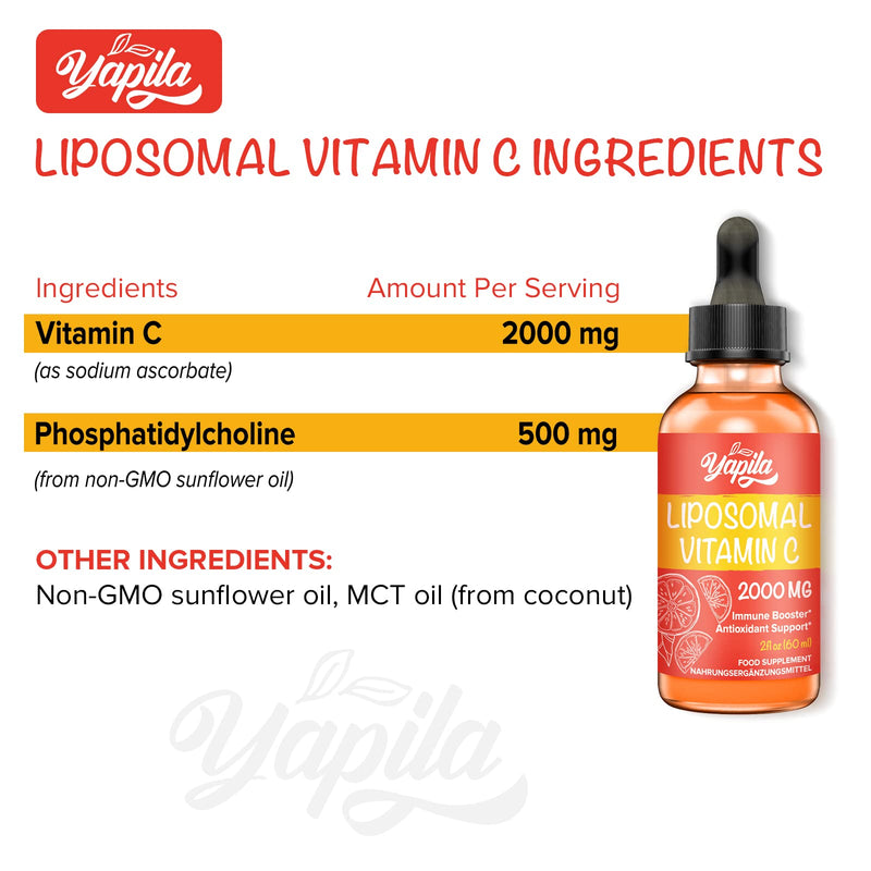 Liposomal Vitamin C 2000 mg Liquid Supplement, Maximum Absorption, High Potency Vegan Vit C, Ascorbic Acid, Non-GMO, Gluten Free, Soy Free 60ml (Pack of 1) - NewNest Australia