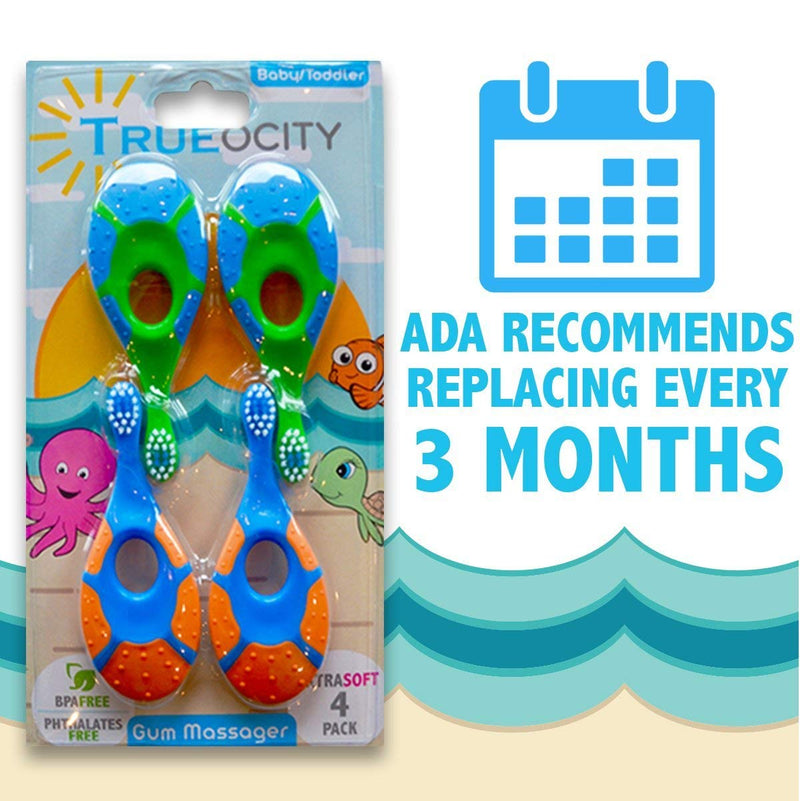 Trueocity Baby Toddler Toothbrush 4 Pack, Soft Bristles, Teething Finger Handle Toothbrushes for 0-2 Years - Training First Set (Blue, Green, Orange) - BPA Free Blue - NewNest Australia