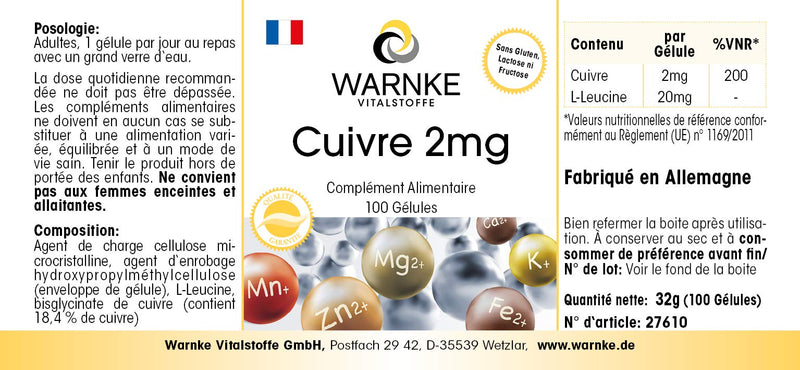 Copper capsules - 2mg - vegan - 100 capsules - made from copper bisglycinate | Warnke vital substances - NewNest Australia