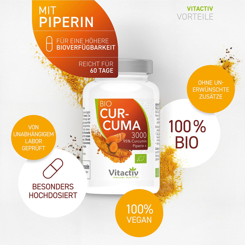 Bio Curcuma 3000, Highly Dosed Ayurvedic Organic Turmeric Capsules With Piperine (Pepper) For Best Bioavailability, 95% Curcumin Content Through 30:1 Extraction, Equivalent To 3000 Mg Turmeric Powder, 60 Capsules - NewNest Australia
